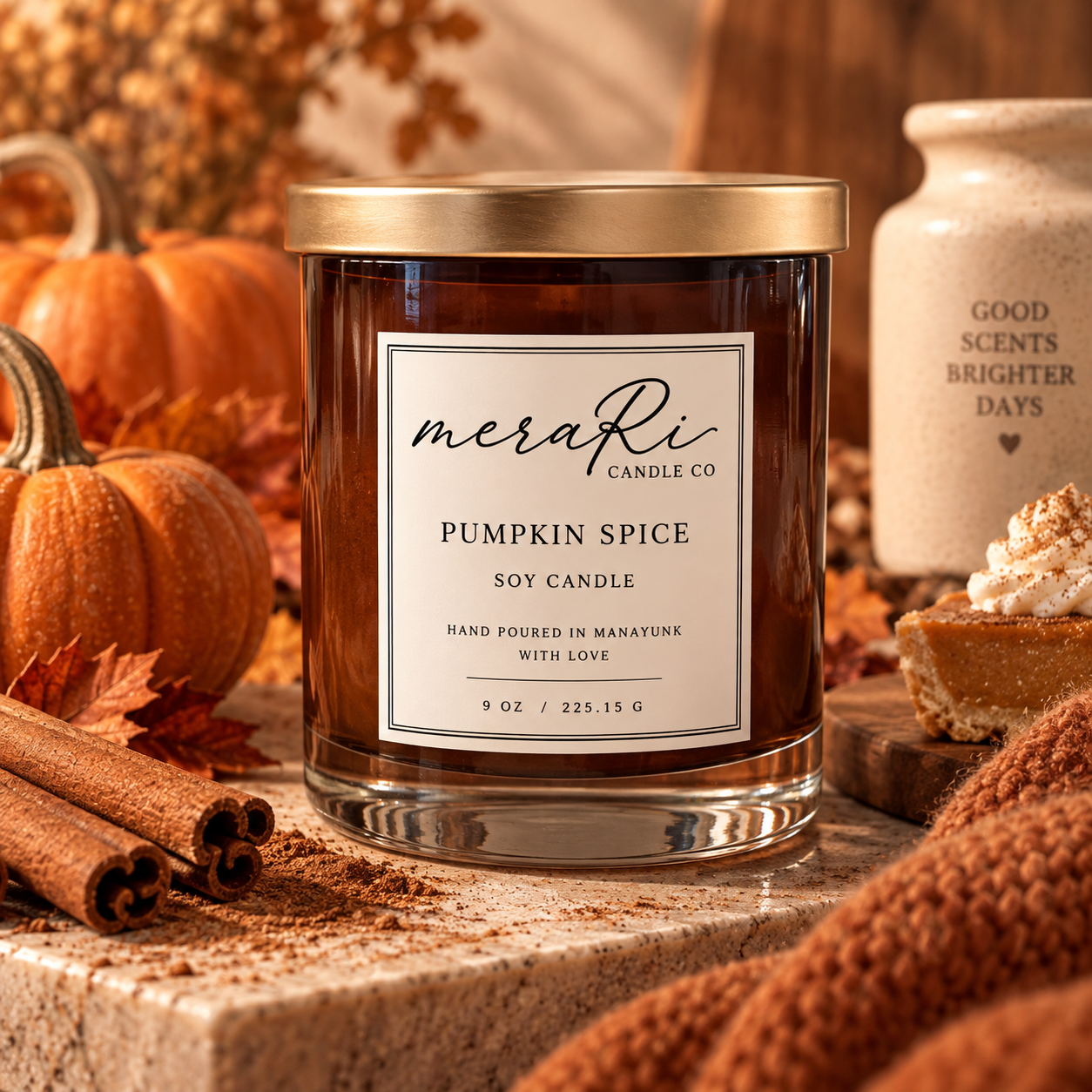 Merari Pumpkin Spice fall soy candle in amber glass